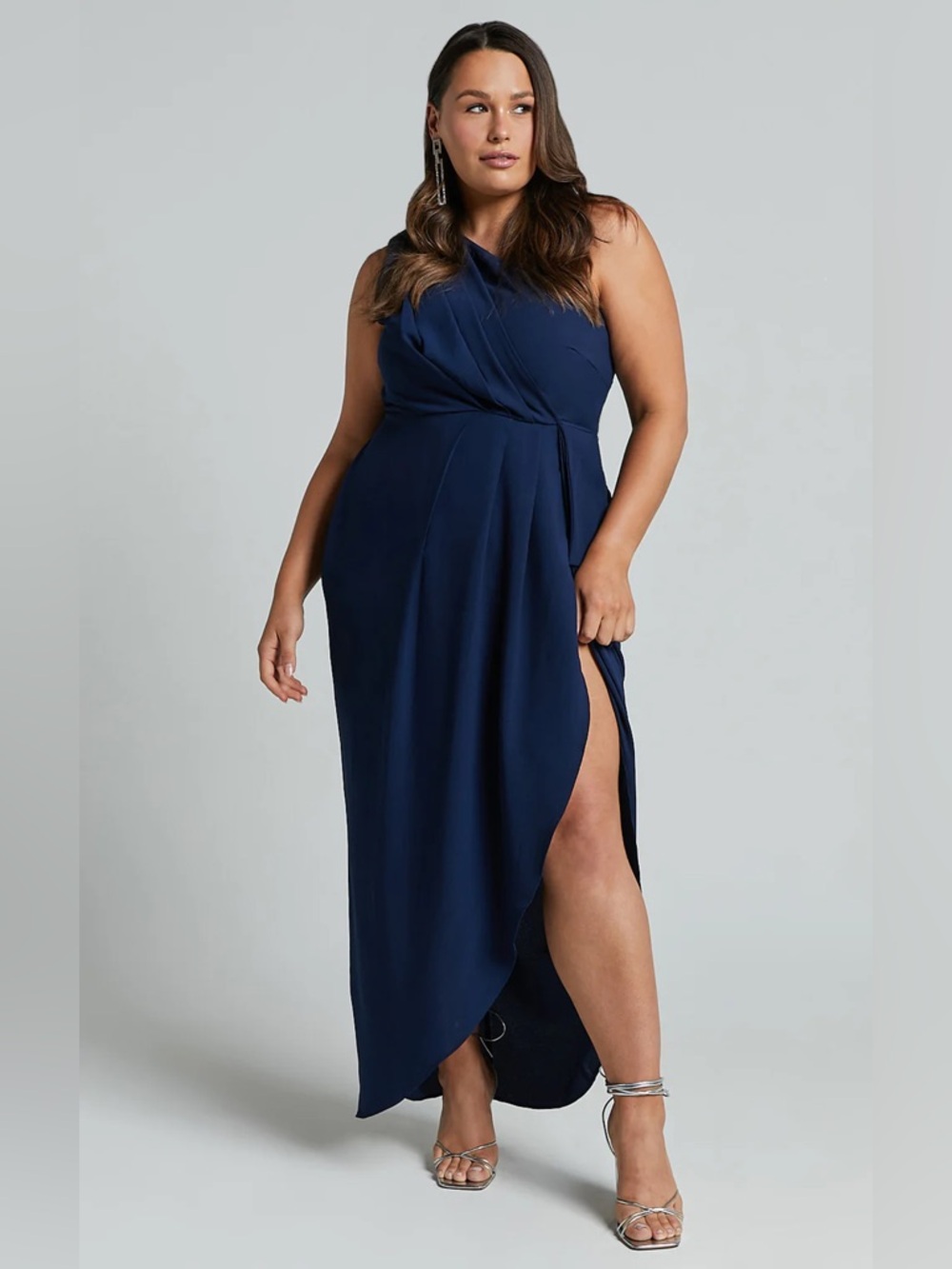 Navy One-Shoulder Wrap Maxi Dress